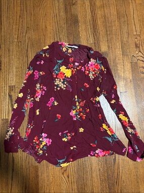 Old Navy Burgundy Floral Button-Front Long-Sleeve Blouse